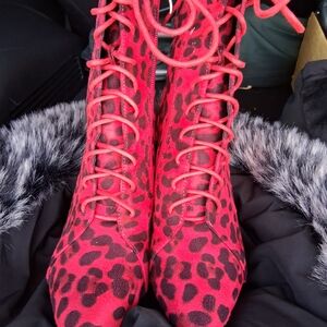 Stylish Leopard Print Lace-Up Boots - Red